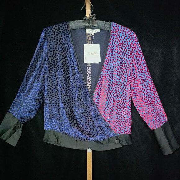 NWT Diane Von Furstenberg Blue & Red Polka Dot Velvet Chiffon Wrap Blouse S - Picture 1 of 13
